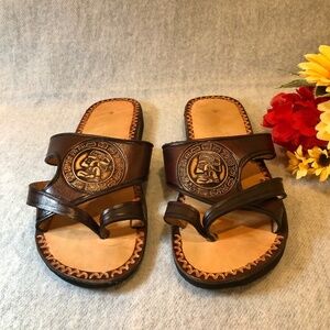 Brown & Tan Leather Engraved Thong-Style Sandals